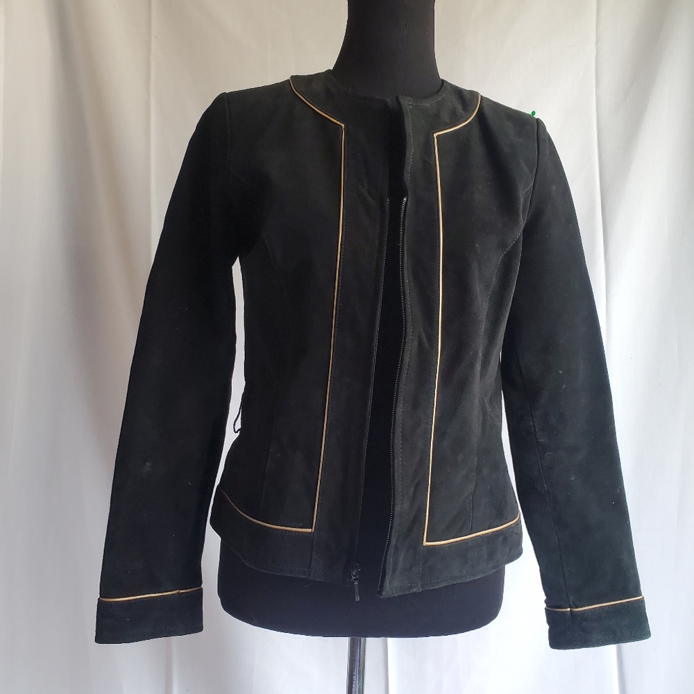 Yvonne Marie Black Suede Leather Jacket with gold trim